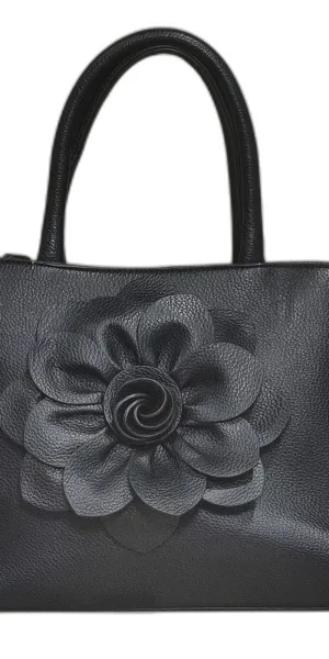 Borsa donna elegante in ecopelle con tracolla e manico con zip dorata e fiore ornamentale