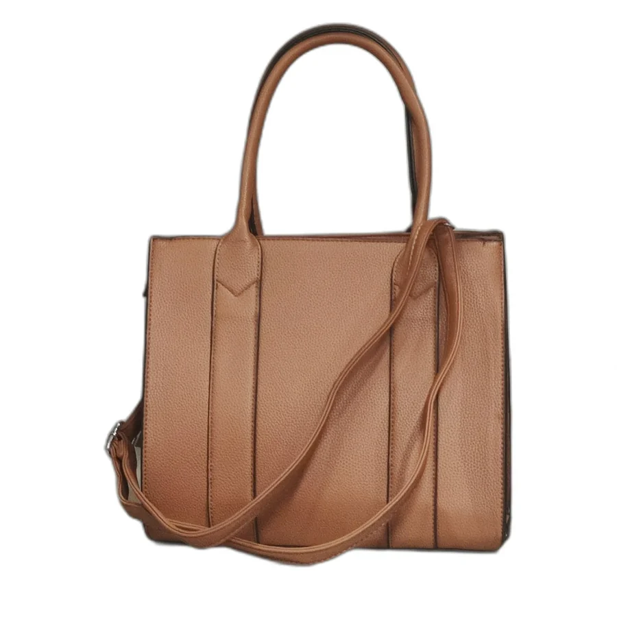 Borsa donna elegante in ecopelle con tracolla e manico color cuoio