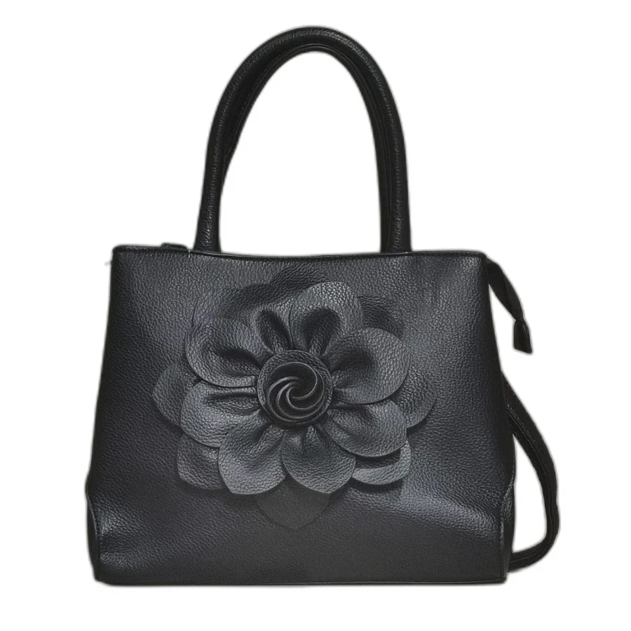 Borsa donna elegante in ecopelle con tracolla e manico con zip dorata e fiore ornamentale
